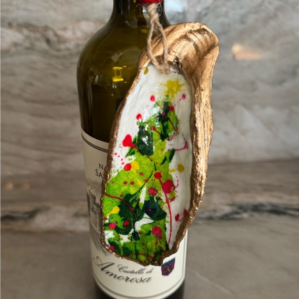 Handcrafted Holiday Oyster Shell Ornament with Green and Gold Accents